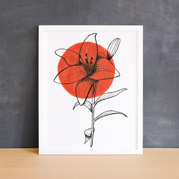 Minimalist Orange Tiger Lily Flower Illustration Fine Art Print