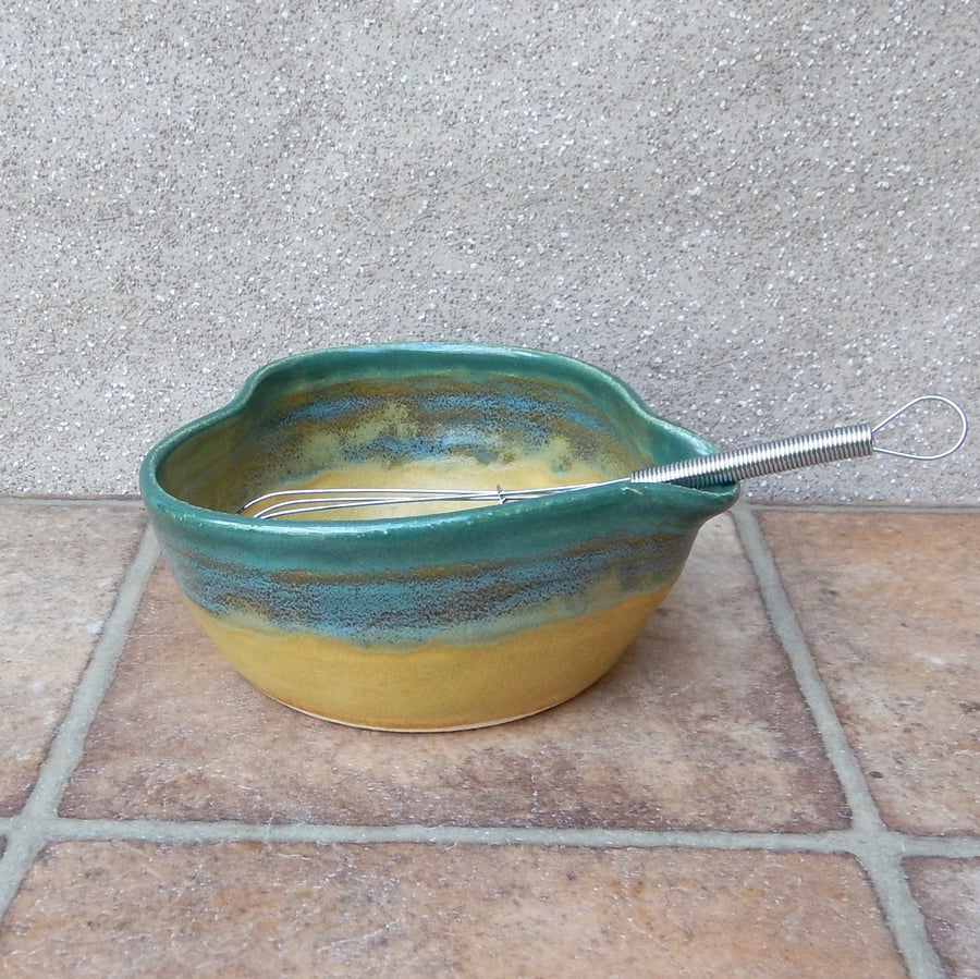 Pouring or batter bowl with a whisk wheelthrown in stoneware