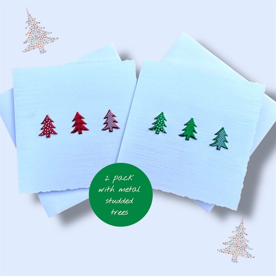 Christmas cards, pack of 2 with green and red trees on a shiny card 