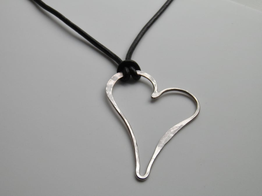  Large Sterling Silver Necklace on Leather, Heart Necklace Handcrafted