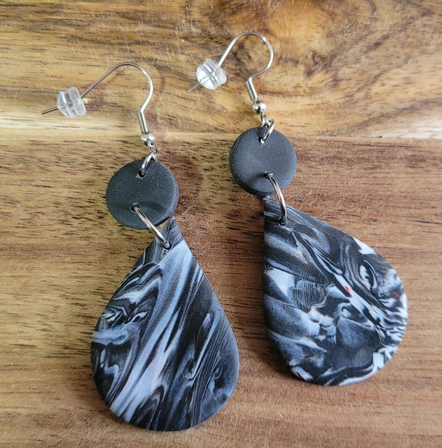 Handmade Polymer Clay Black and White Marble Effect Teardrop Earrings