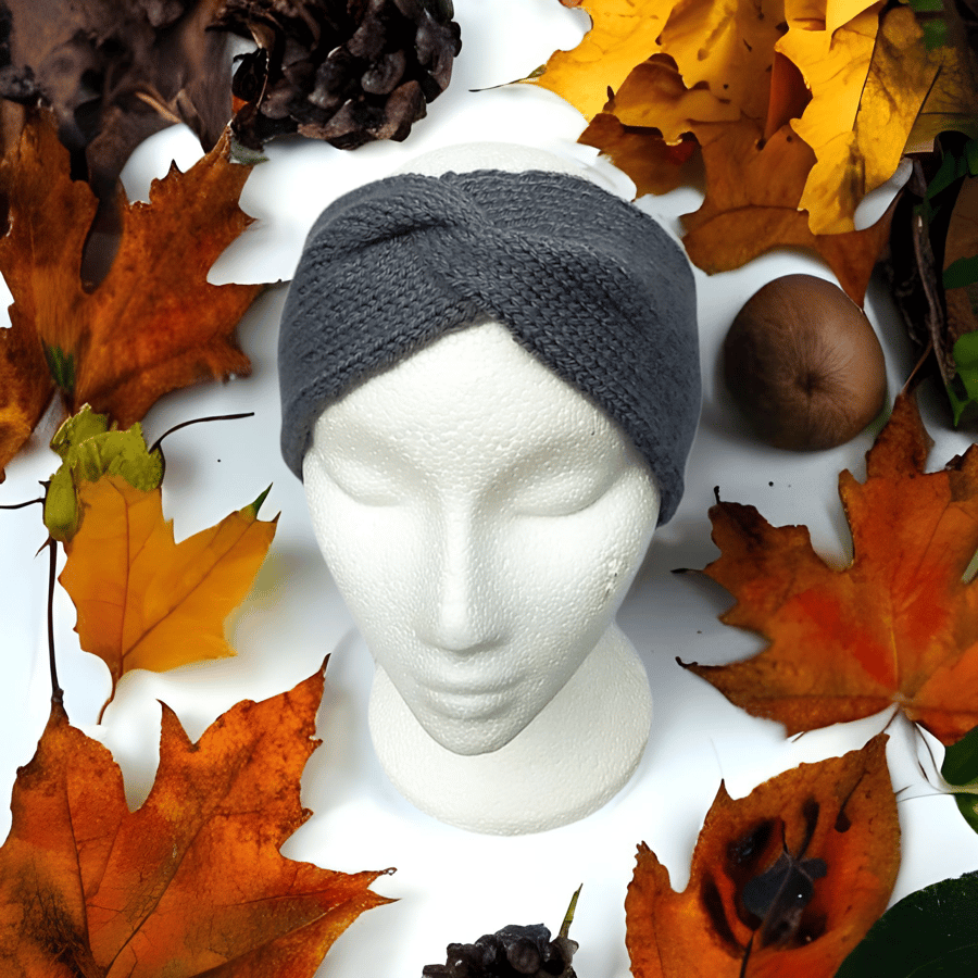 Hand knitted twisted headband ear warmer turban style grey 