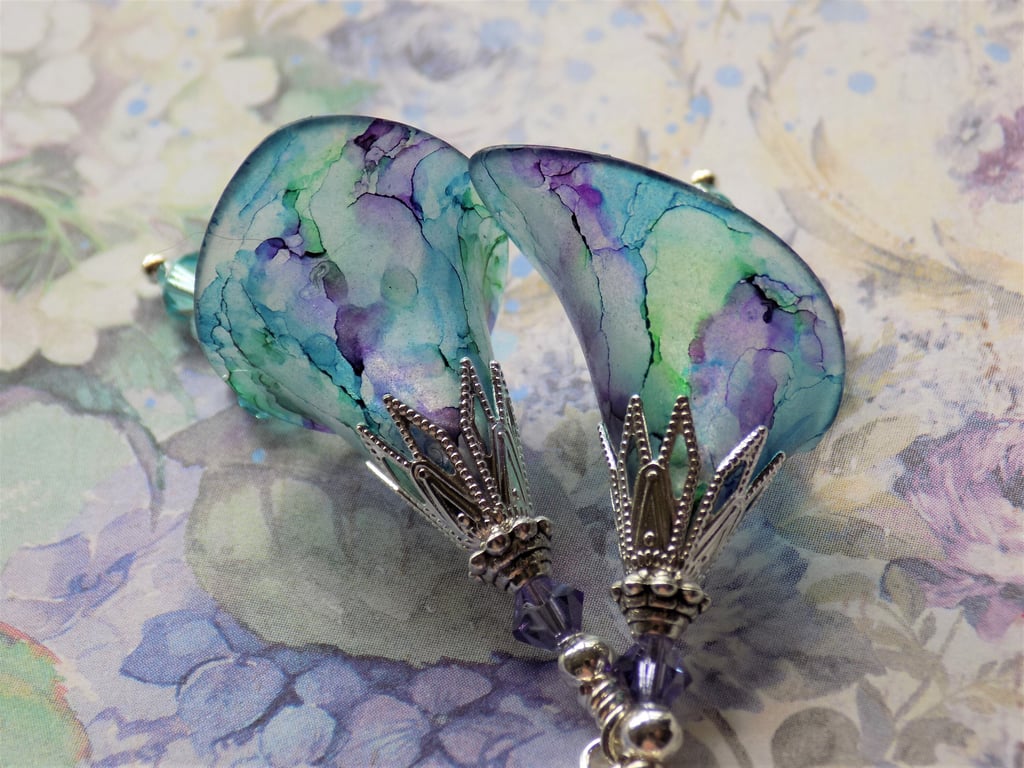 Green, Purple, Blue, "BOYSENBERRY" Hand Painted Lucite Flower Earrings, Floral C