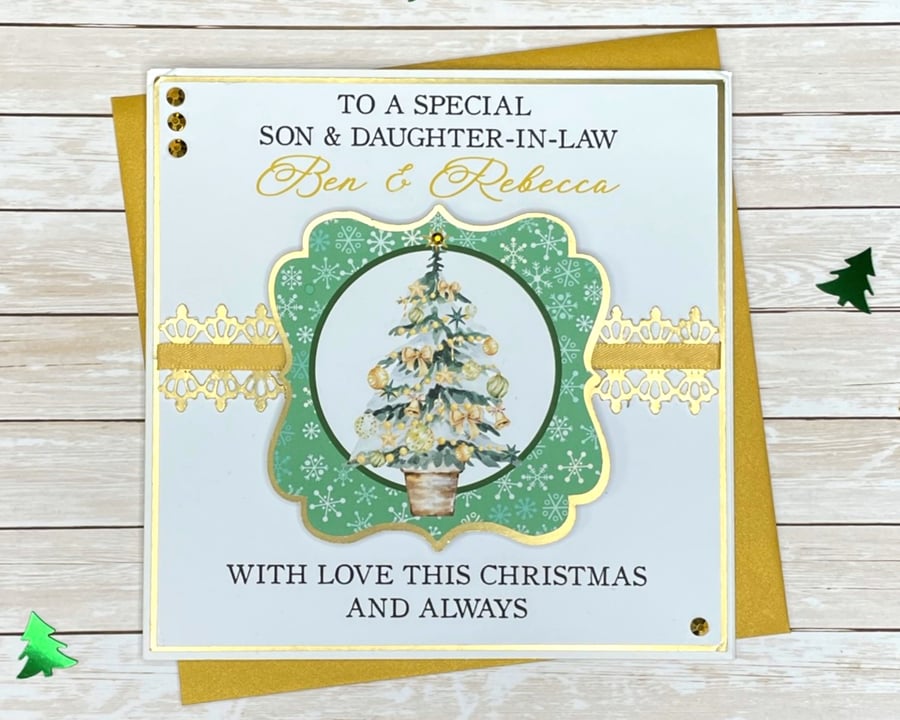 Gold Xmas Tree Christmas Card Personalised Son Daughter Brother Sister In-Law