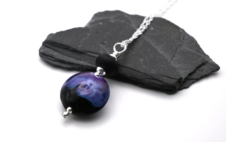lampwork glass black and purple pendant necklace
