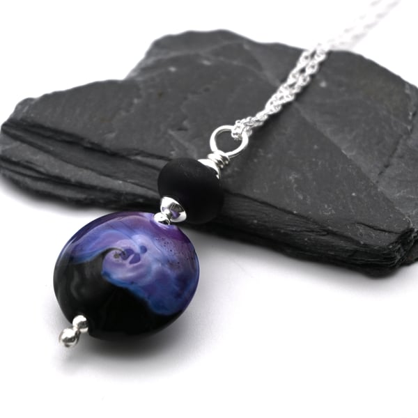 lampwork glass black and purple pendant necklace