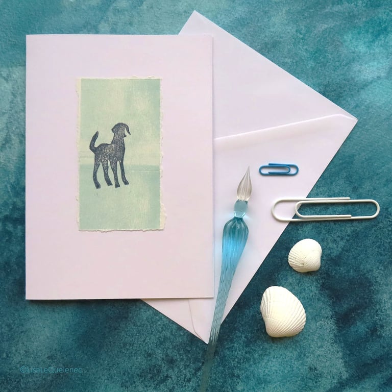 Hand printed dog silhouette on a beach blank artist art card