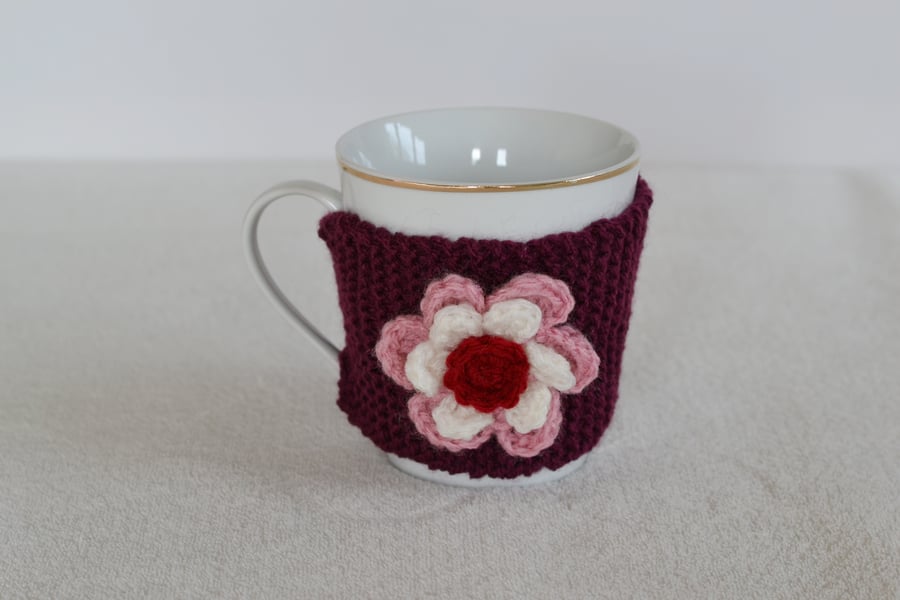 Plum  Knitted Cup Cozy With Flower