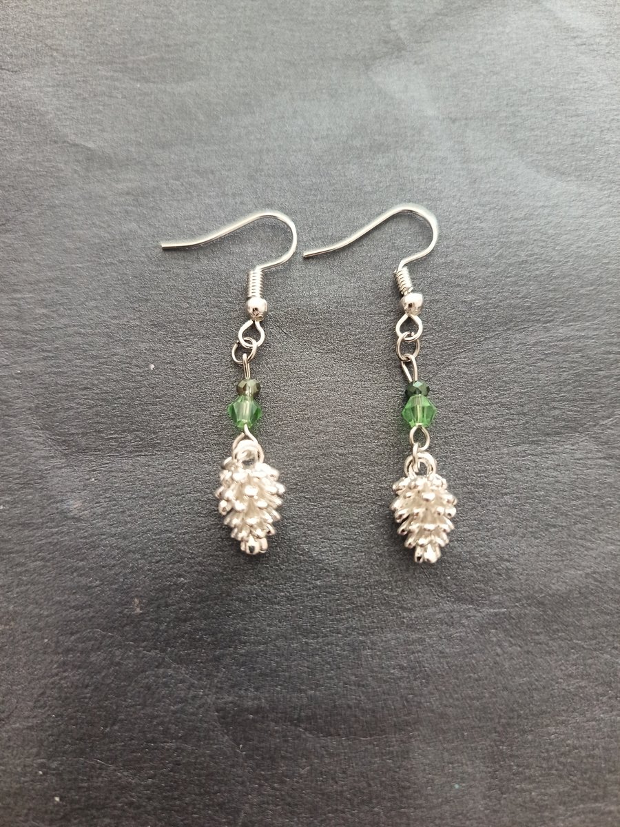 Silver and green beaded pine cone charm dangle earrings 