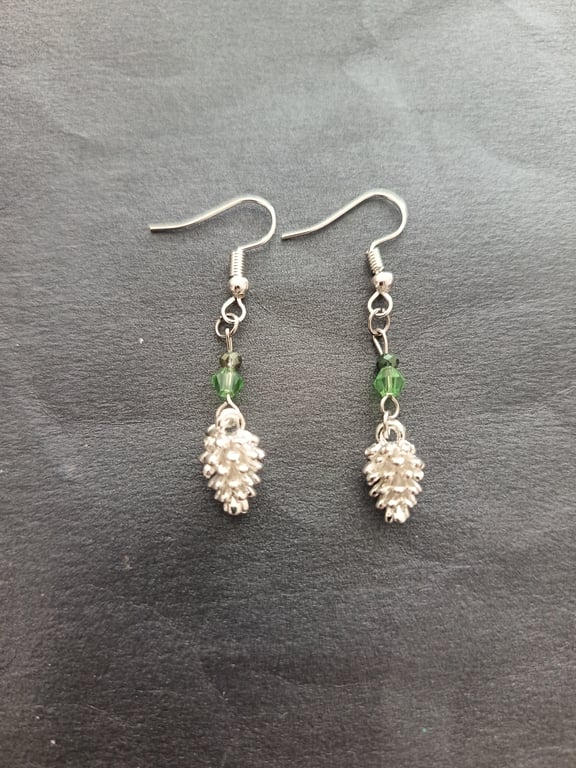 Silver and green beaded pine cone charm dangle earrings 