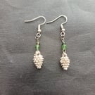 Silver and green beaded pine cone charm dangle earrings 