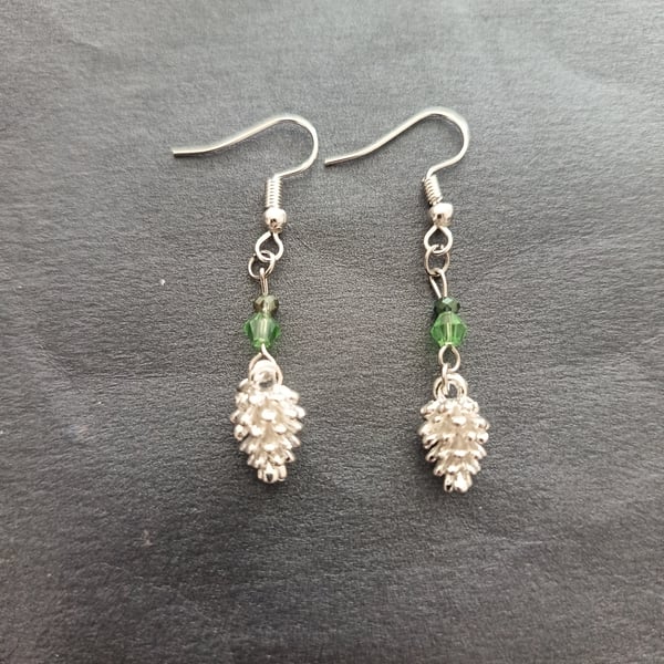 Silver and green beaded pine cone charm dangle earrings 