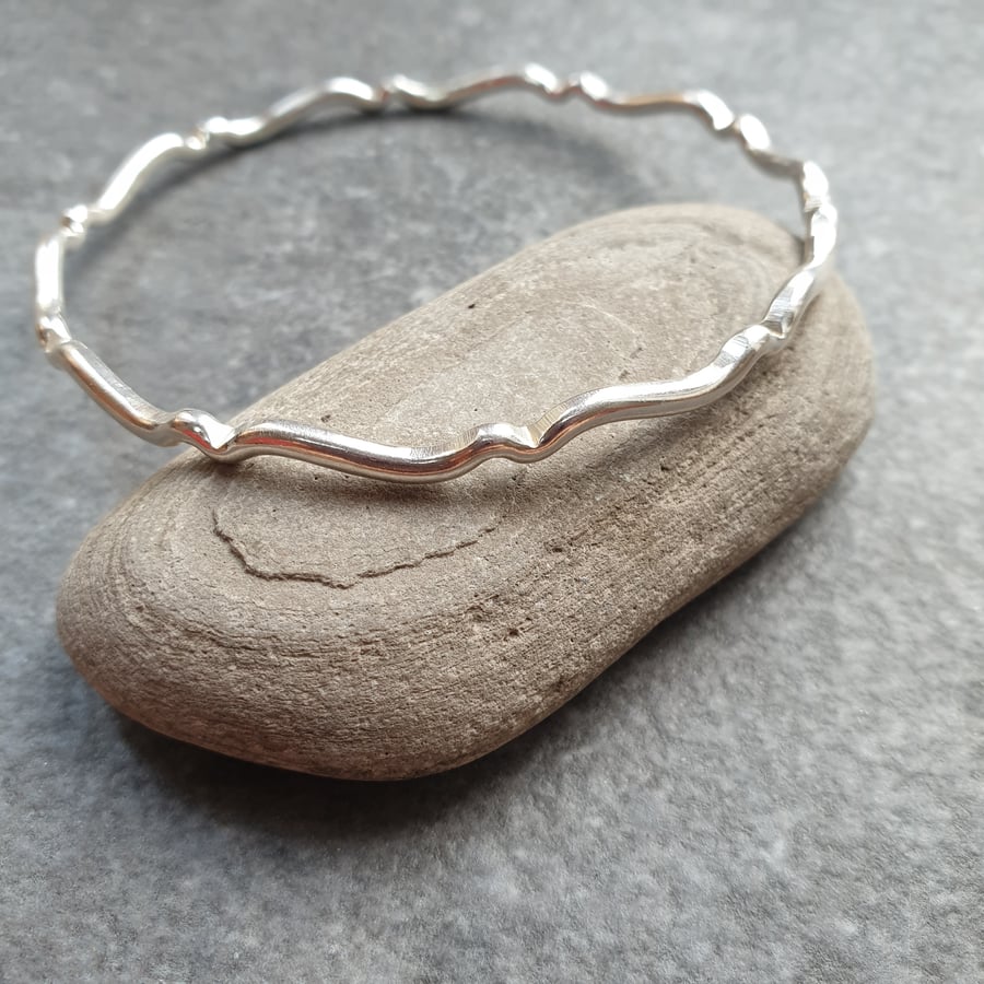 Sterling silver wave bangle, Gift for beach lover, Seascape