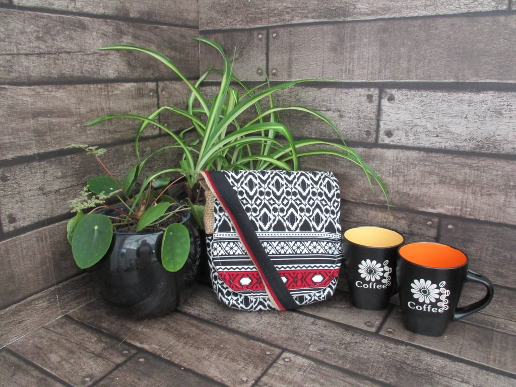 Upcycled Coffee Sack - Mini Shoulder Bag - Black , Red and White pattern