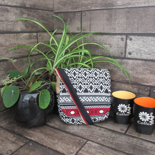 Upcycled Coffee Sack - Mini Shoulder Bag - Black , Red and White pattern