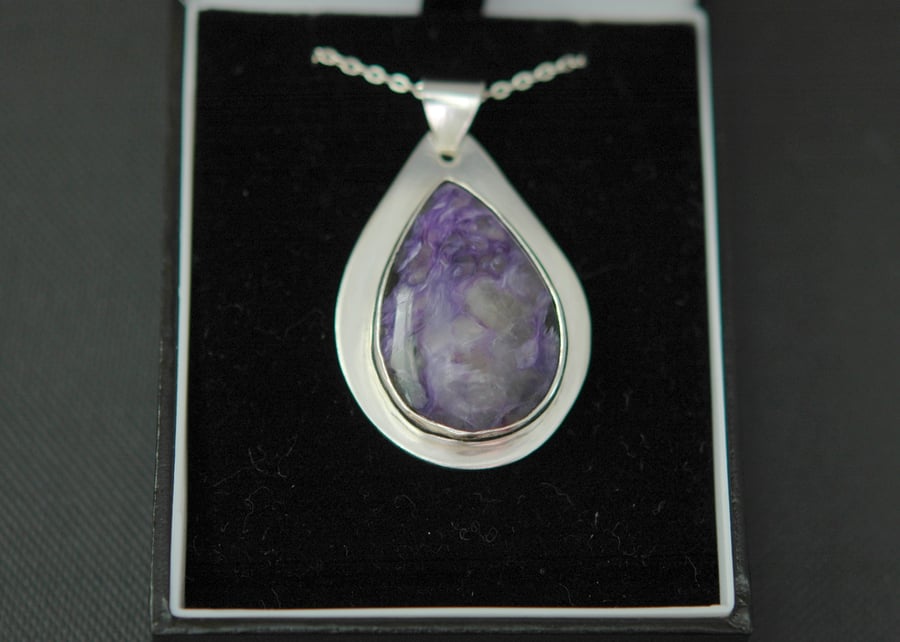 Sterling silver teardrop pendant with rare charoite gemstone, P56
