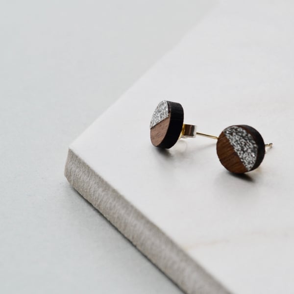 Wooden Circle Ear Studs with Silver Glitter