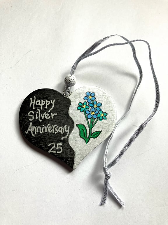 Silver anniversary hand painted heart 