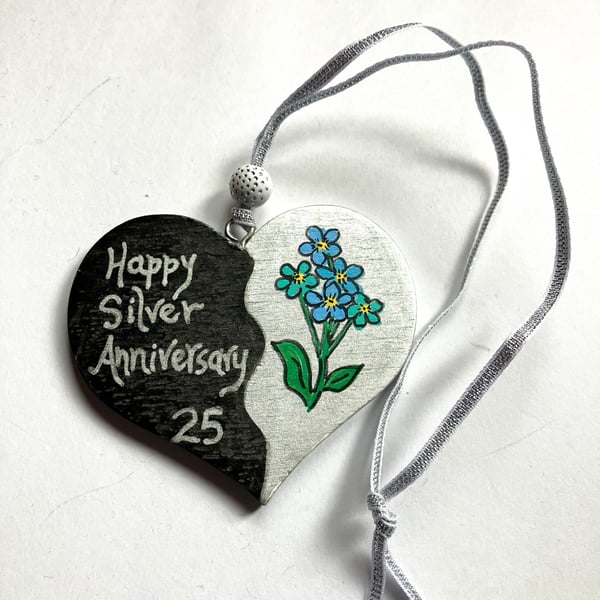 Silver anniversary hand painted heart 