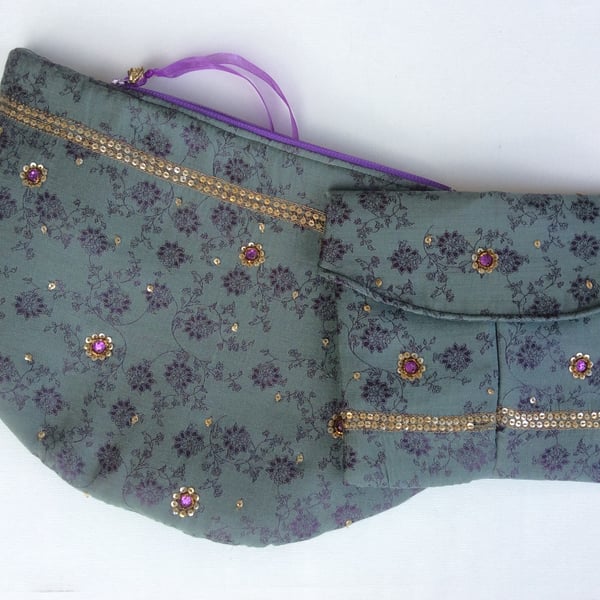 Evening, wedding, clutch bag and pouch, grey-green, purple, gold sequins
