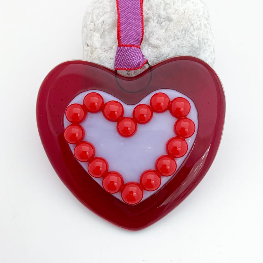 Fused Glass Red and Lilac Heart - Handmade Glass Decoration