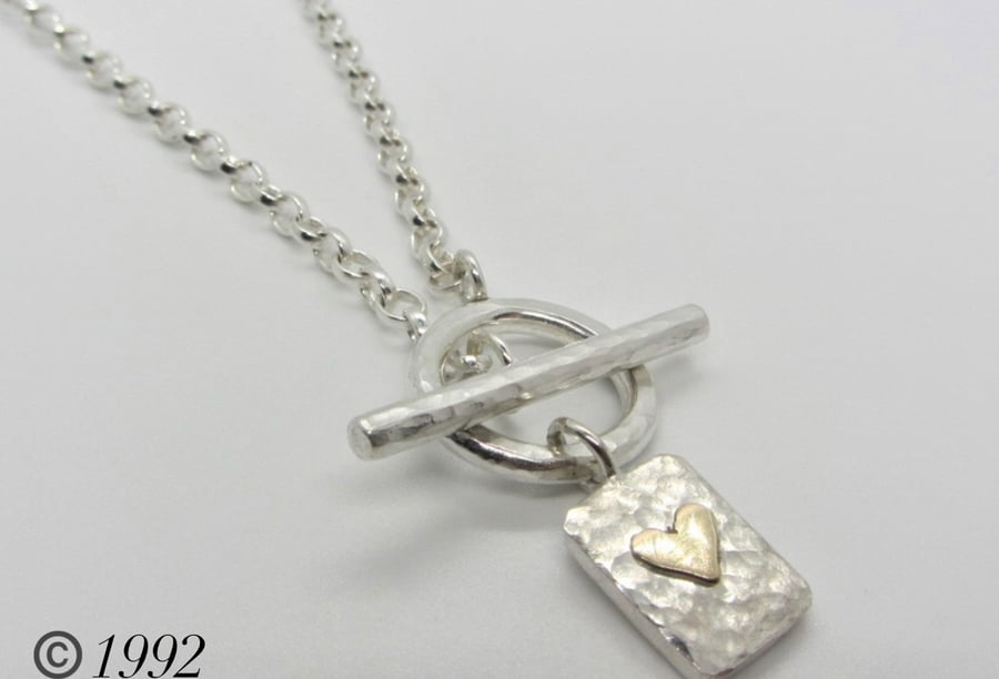Silver Fob Necklace, gold heart charm necklace, gold heart necklace, toggle, 