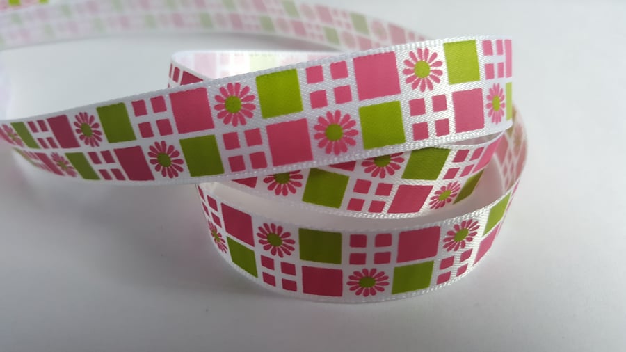 3m Ribbon - Printed Satin - 16mm - Pink & Green - Flowers & Checkered 