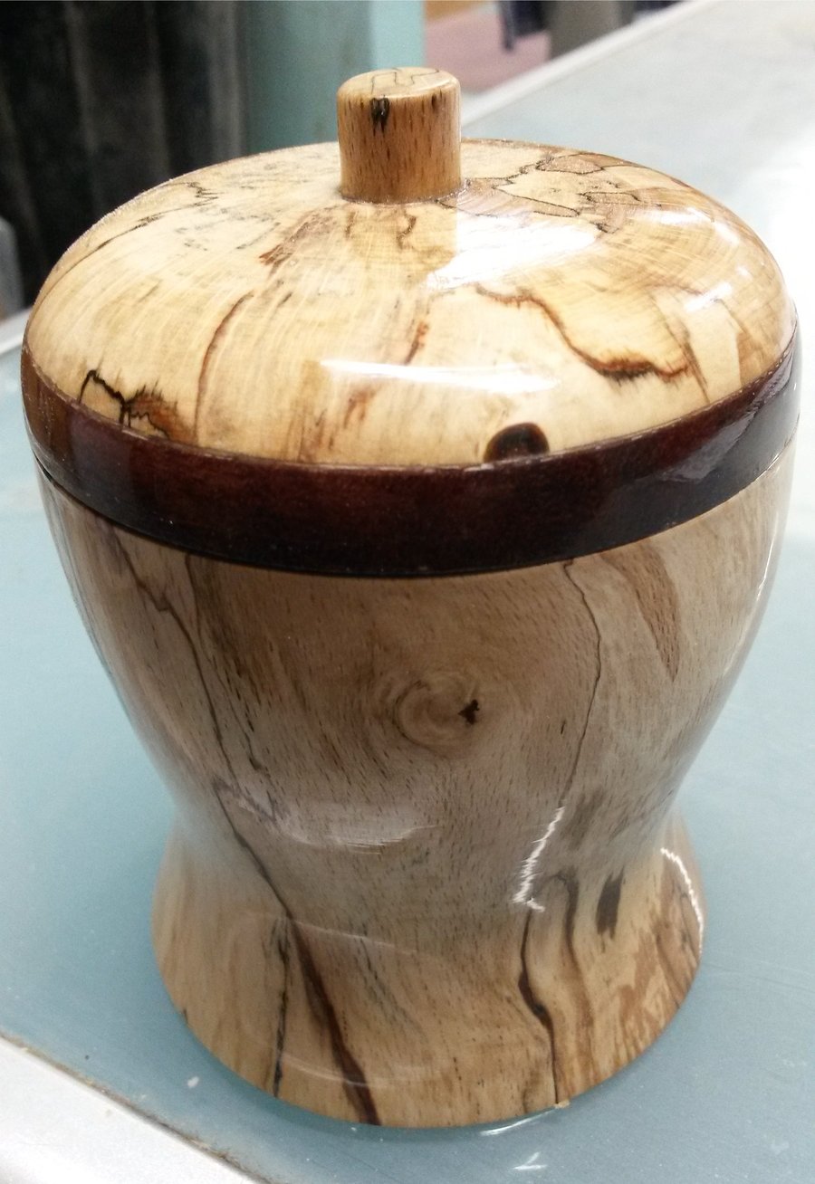 Spalted sycamore and  padauk pot 15 x 8 cm