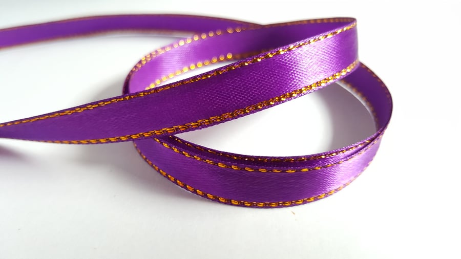 3m Satin Ribbon - Gold-Edged - 10mm - Purple 