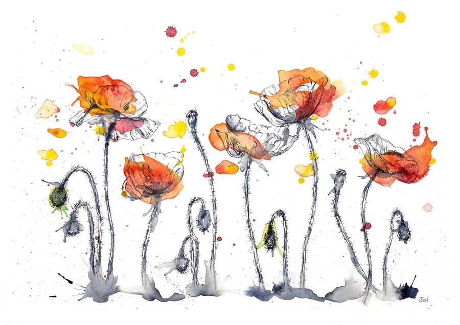 Red Poppies watercolour print, flower painting, ink drawing