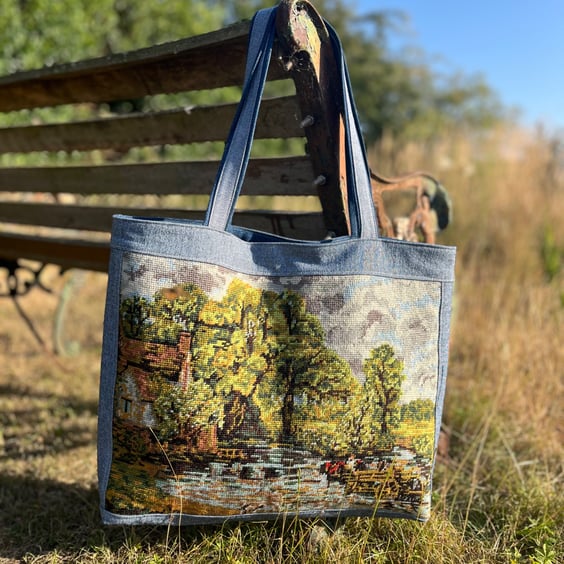 The Hay Wain tapestry and reclaimed denim tote bag with cotton lining