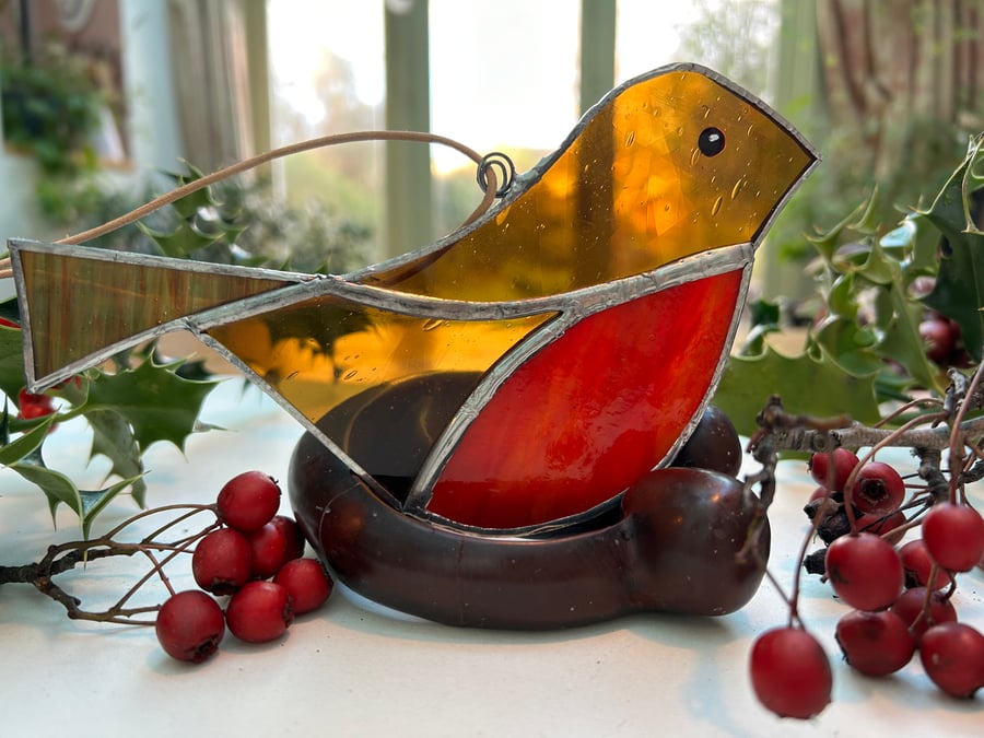 Stained glass Christmas Robin