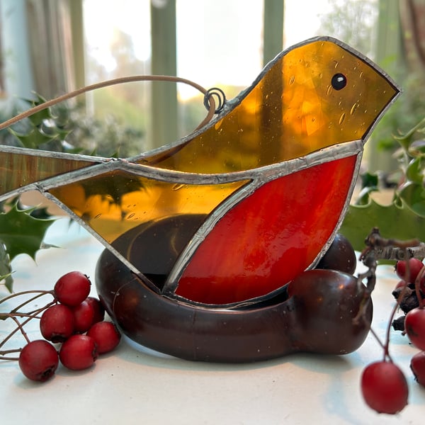 Stained glass Christmas Robin