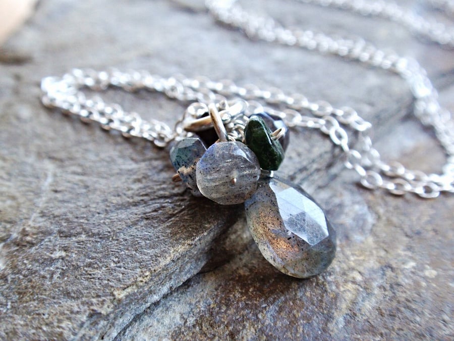 Labradorite necklace - grey gemstone sterling silver necklace with cluster