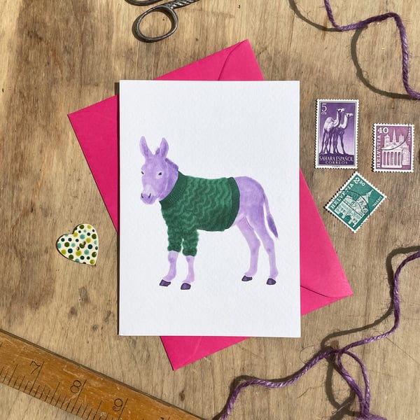Purple Donkey Illustrated Blank Greeting Card
