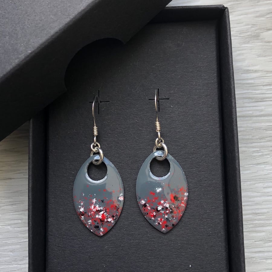 Grey and red  enamel scale earrings. Sterling silver. 