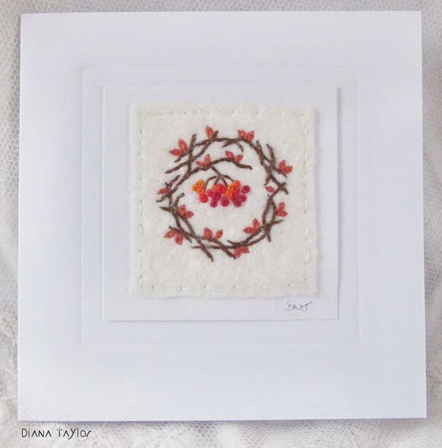 HAND EMBROIDERED GREETINGS CARD AUTUMN FOLIAGE BERRIES