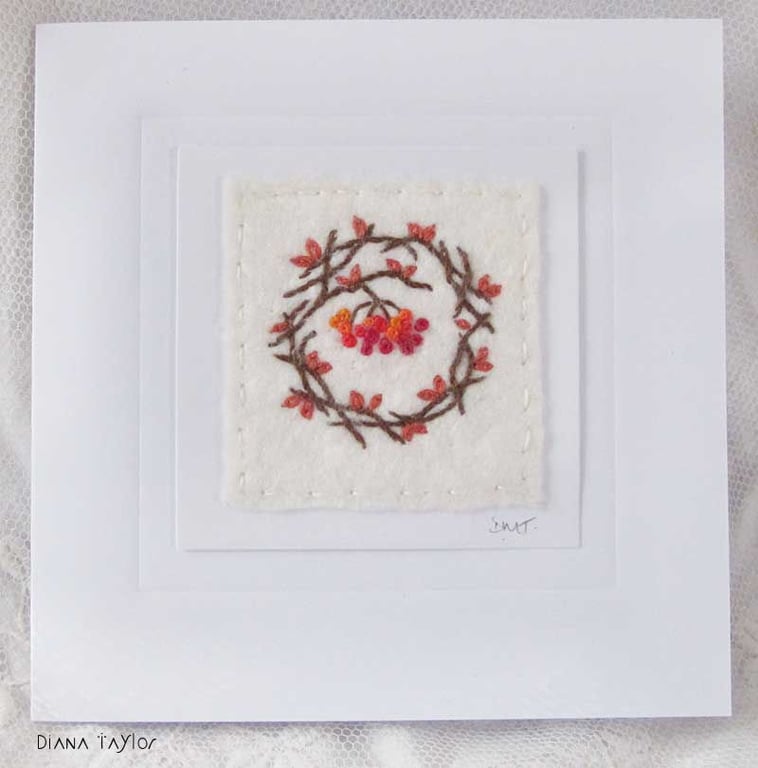 HAND EMBROIDERED GREETINGS CARD AUTUMN FOLIAGE BERRIES