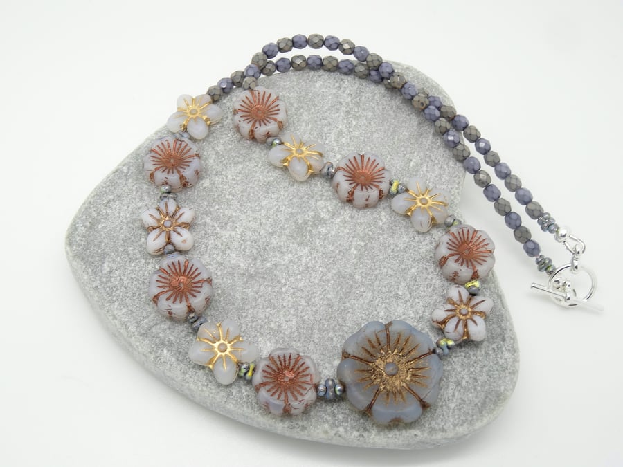 Floral Necklace, Grey Necklace, Czech Glass Necklace, Handmade Necklace