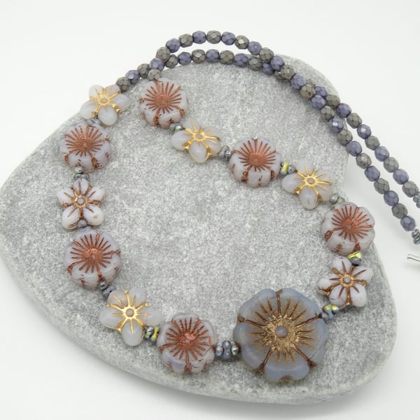 Floral Necklace, Grey Necklace, Czech Glass Necklace, Handmade Necklace