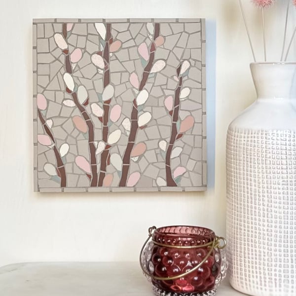 Mosaic Floral Art - Pussy Willow Mosaic Wall Plaque in Pink and Grey