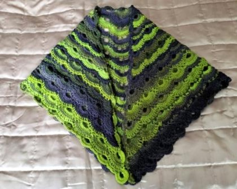 Lacy Crochet Shawl in Navy and Green 