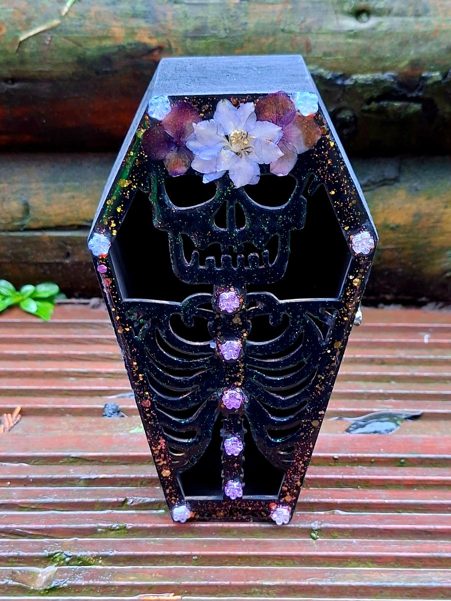 Wooden Coffin Trinket Jewellery Box gothic skeleton spooky cute resin glitter