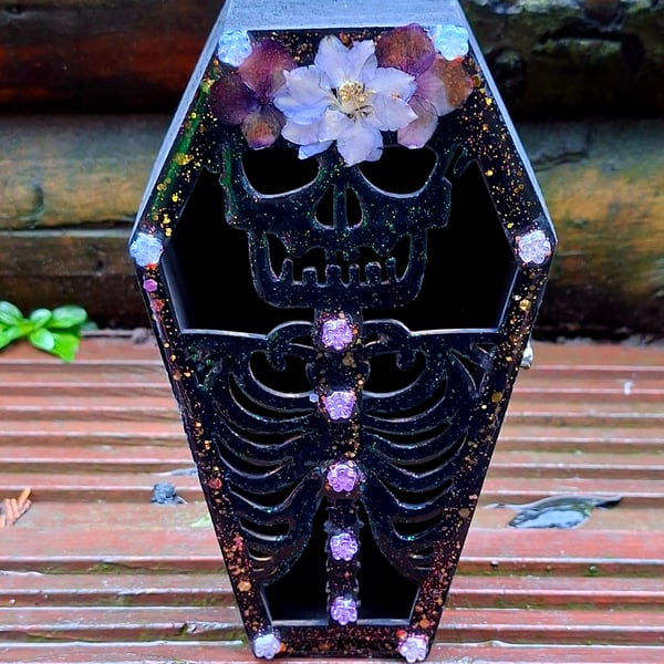 Wooden Coffin Trinket Jewellery Box gothic skeleton spooky cute resin glitter