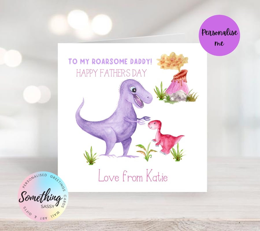 Personalised Dinosaur Father's Day Card - pink, blue and multi options