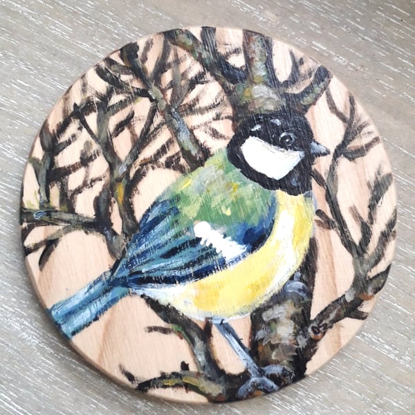 Wooden Coaster Handpainted with a Great Tit bird amongst the branches.  