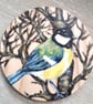 Wooden Coaster Handpainted with a Great Tit bird amongst the branches.   - Image 1