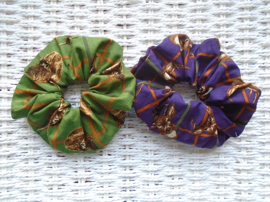 Set of 2 Scottish Themed Hair Scrunchies Stags & Cows