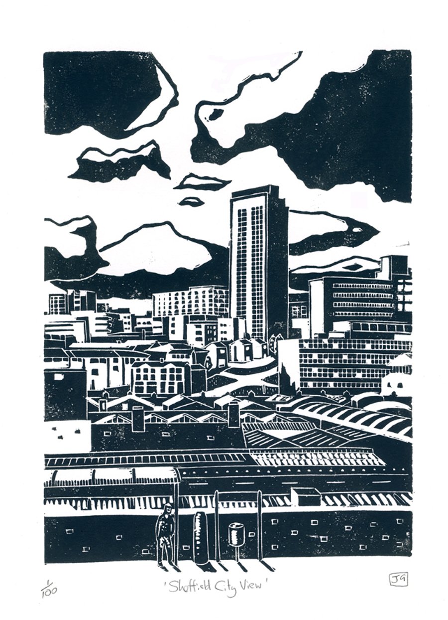 Sheffield City View linocut print