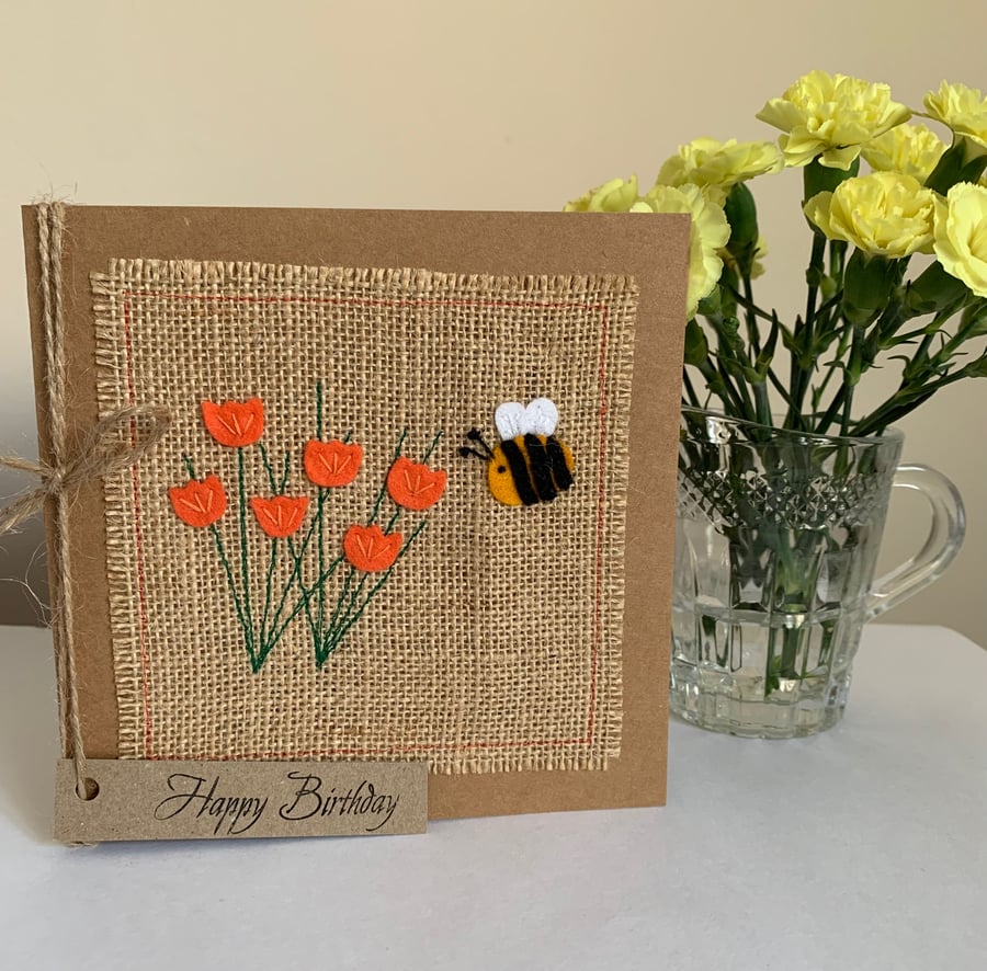 Birthday Card. Bee with orange flowers, felt, handmade. 